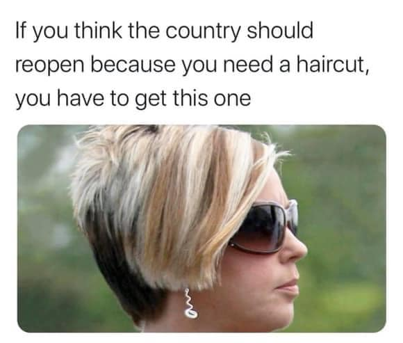 This meme is a humorous commentary on the COVID-19 pandemic and the government's response to it. The image features a photo of a woman with a haircut that is so short it's almost a buzz cut. The text above the image reads, "If you think the government should reopen because you need a haircut, you have to get this one." The meme is poking fun at people who are eager to get back to normal life, but are also willing to make a drastic change to their appearance in order to get what they want.